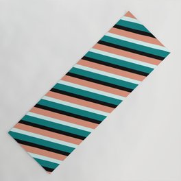 [ Thumbnail: Dark Salmon, Light Cyan, Teal & Black Colored Lined/Striped Pattern Yoga Mat ]