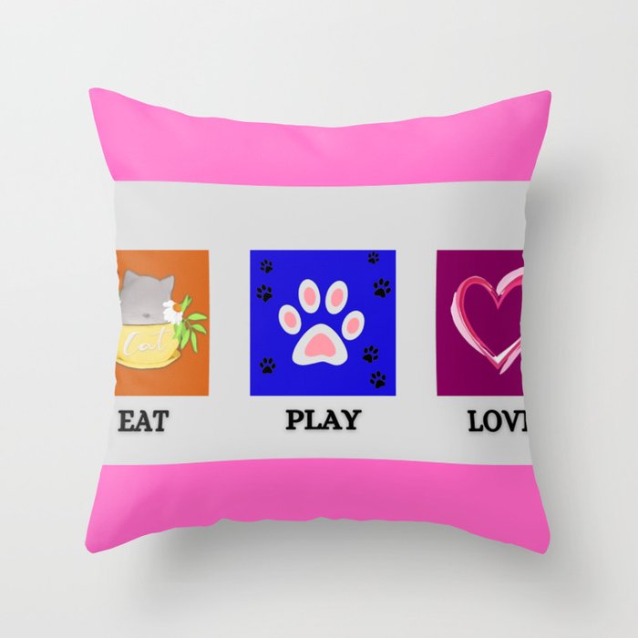 Eat play love for cats mat and art pets motif in pink with black lettering landscape format Throw Pillow