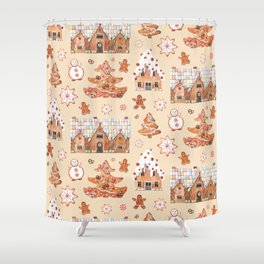 Hand drawn watercolour seamless pattern of gingerbread houses, christmas tree, snowman, snowflakes with the sweets on the beige background.  Shower Curtain