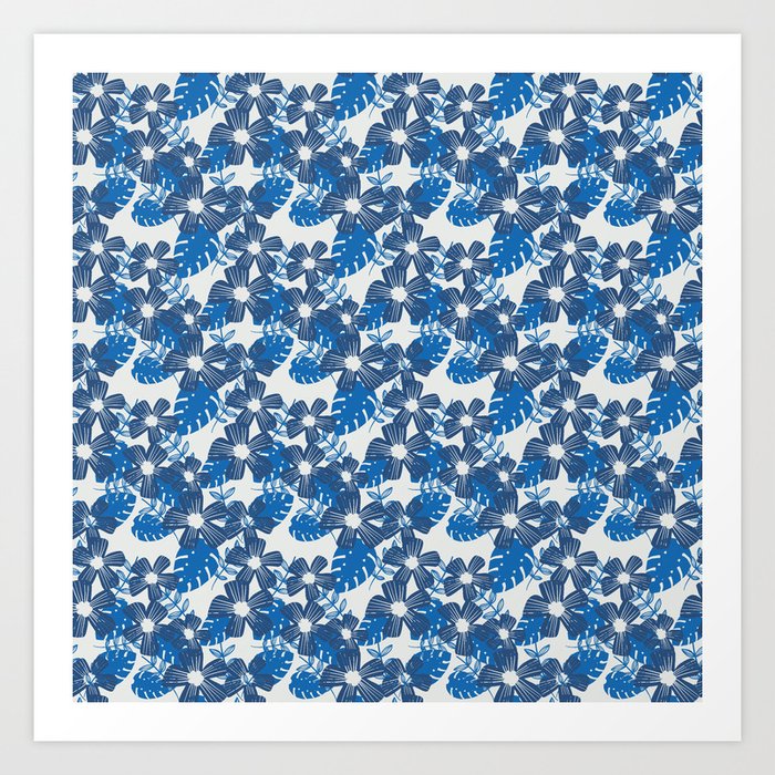 Blue And White Modern Tropical Flowers Patttern Art Print