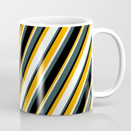 [ Thumbnail: Orange, Mint Cream, Dark Slate Gray, and Black Colored Lined/Striped Pattern Coffee Mug ]