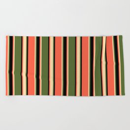 [ Thumbnail: Dark Olive Green, Tan, Red, and Black Colored Striped Pattern Beach Towel ]