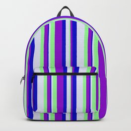 [ Thumbnail: Lavender, Green, Dark Violet, and Blue Colored Lined/Striped Pattern Backpack ]