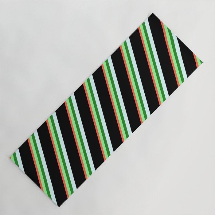 Red, Green, Forest Green, Light Cyan, and Black Colored Stripes/Lines Pattern Yoga Mat