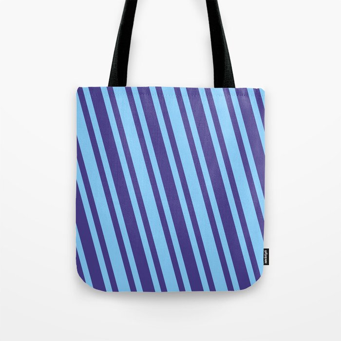 Dark Slate Blue and Light Sky Blue Colored Lines Pattern Tote Bag
