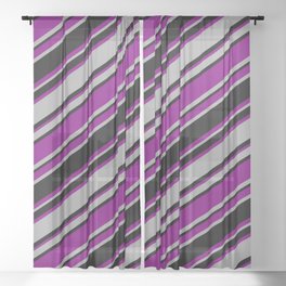 [ Thumbnail: Purple, Dark Gray & Black Colored Striped/Lined Pattern Sheer Curtain ]