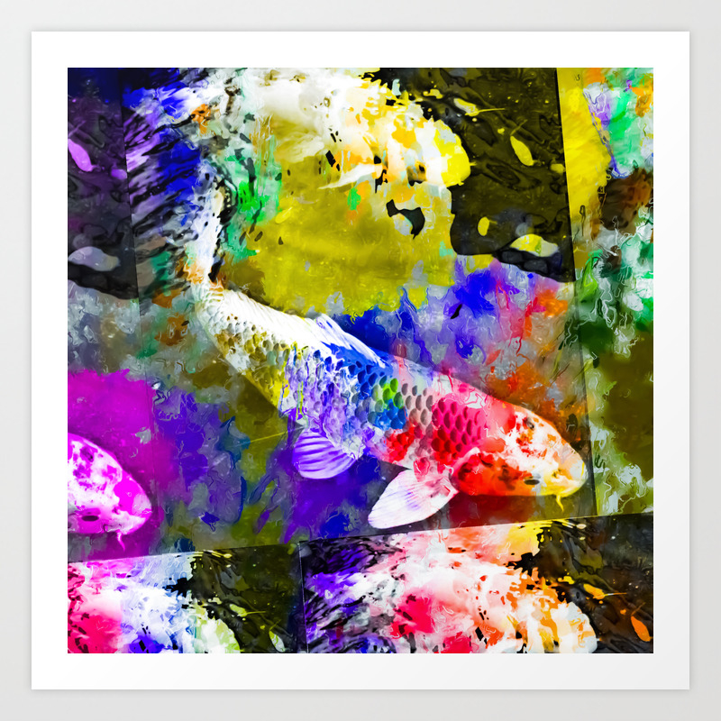 Koi Fish With Painting Texture Abstract Background In Red Blue