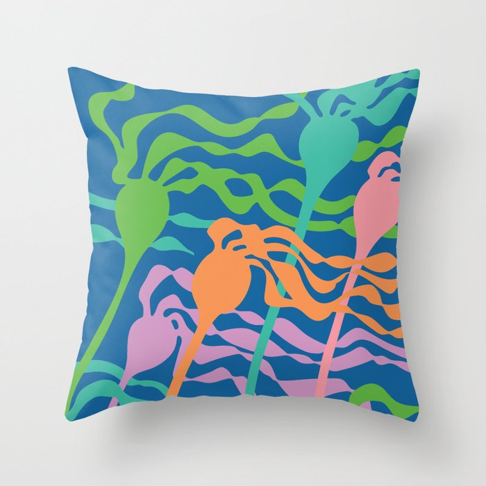 KELP FOREST COASTAL BEACH UNDERSEA SEAWEED in BRIGHT SUMMER COLORS ON ROYAL BLUE Throw Pillow