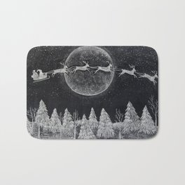 Santa flying over a winter wonderland of snow covered trees in his reindeer drawn sleigh by the light of a full moon Bath Mat | Christmasvillage, Chalkboard, Christmastrees, Chalkart, Winter, Christmas, Handdrawn, Holiday, Reindeer, Kellyelko 