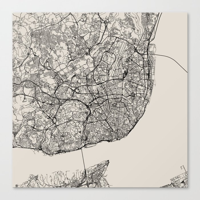 Portugal, Lisbon City Map - Black & White Canvas Print