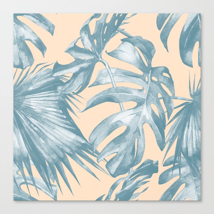 Tropical Leaves Ocean Blue on Citrus Canvas Print