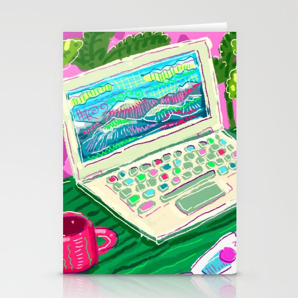 Colorful illustration with laptop and a cup of tea Stationery Cards