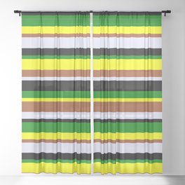 [ Thumbnail: Eye-catching Yellow, Sienna, Lavender, Black & Green Colored Striped Pattern Sheer Curtain ]