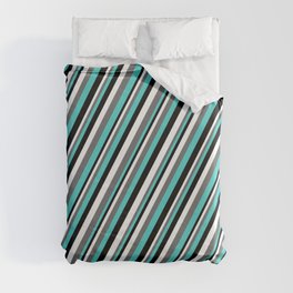 [ Thumbnail: White, Dim Gray, Turquoise, and Black Colored Lined Pattern Duvet Cover ]