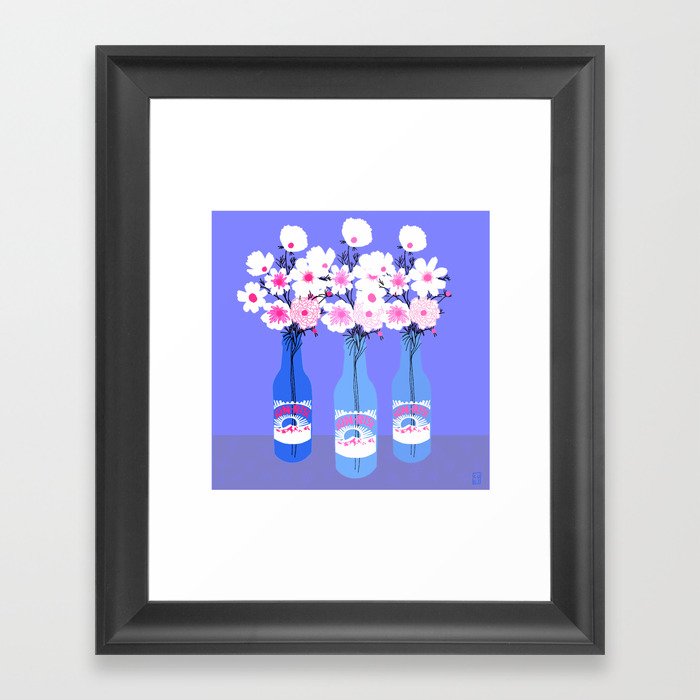 Retro Bottle Flowers Bouquet Blue Framed Art Print