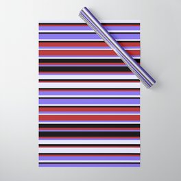 [ Thumbnail: Red, Medium Slate Blue, Lavender, and Black Colored Stripes/Lines Pattern Wrapping Paper ]