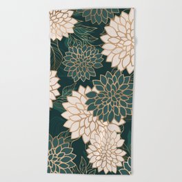 Floral Aesthetic in Dark Teal Green, Ivory and Gold Beach Towel
