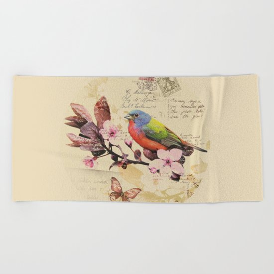 Vintage illustration with bird and butterfly Beach Towel