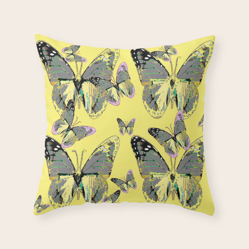 Western Style Grey Butterflies Yellow Patterns Throw Pillow By