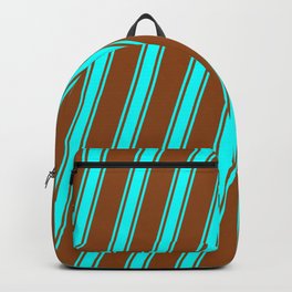 [ Thumbnail: Brown and Cyan Colored Stripes Pattern Backpack ]