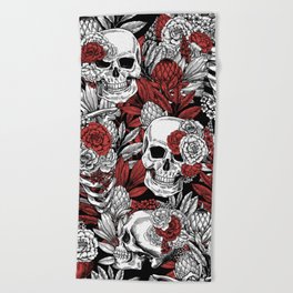 Skulls and Flowers Black White Red Vintage Beach Towel