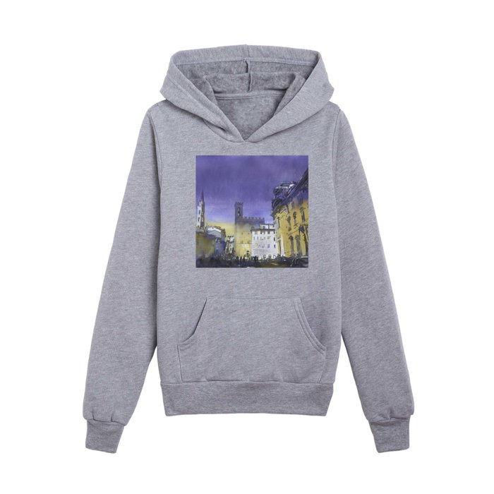 Florence cityscape- Palazzo Vecchio on Palazo Signorini during day.  Watercolor painting Florence Italy Kids Pullover Hoodie