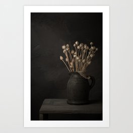 Moody still life of a vase with dried poppies Art Print