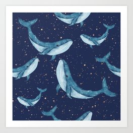 Whales swimming in a ocean of stars Art Print