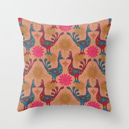 PEACOCK GARDEN Bohemian Exotic Birds in Red Blue Green Fuchsia Pink on Blush Sand - UnBlink Studio by Jackie Tahara Throw Pillow