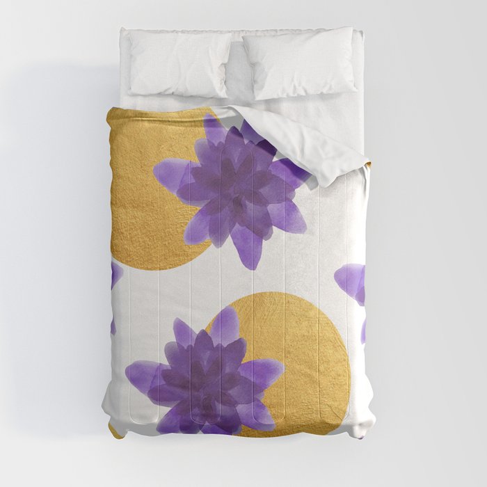 Reassurance // Violet Watercolor Flowers and Gold Spots Comforter