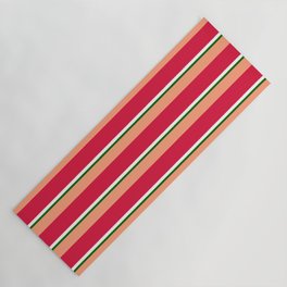 [ Thumbnail: Light Salmon, Crimson, White & Dark Green Colored Striped Pattern Yoga Mat ]