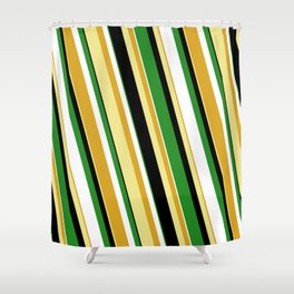 [ Thumbnail: Colorful Goldenrod, Tan, Black, Forest Green & White Colored Stripes Pattern Shower Curtain ]