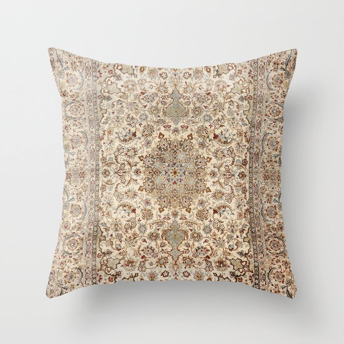 Isfahan Central Persia Old Century Authentic Colorful Dusty Blue Tan Distressed Vintage Patterns Throw Pillow