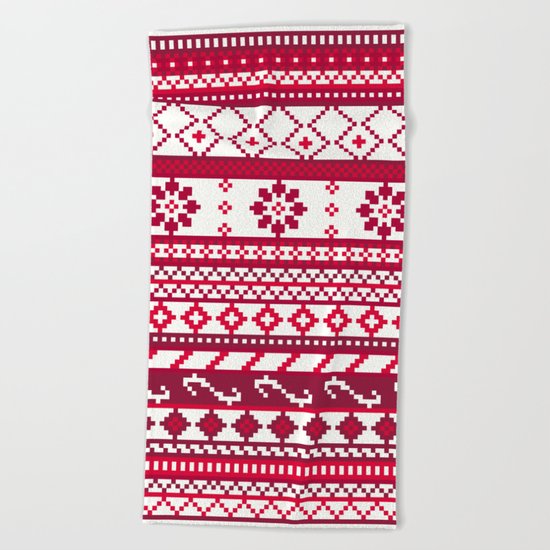 Red Fair Isle Christmas Pattern Beach Towel