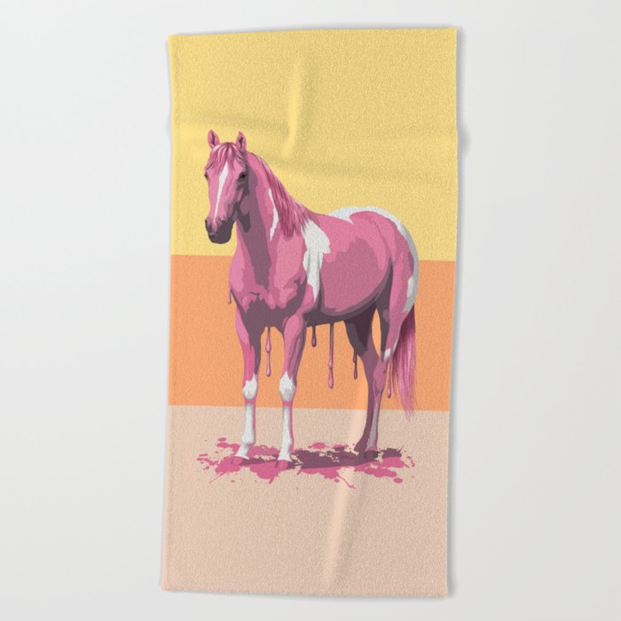 Retro Yellow Orange Pink Pinto Paint Horse Beach Towel