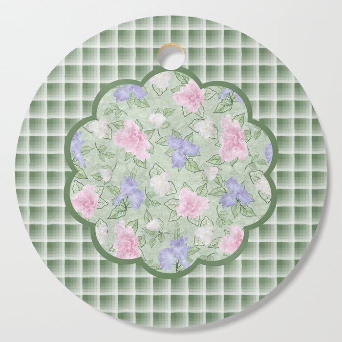Flower Play Antique Pink Lavender on Green Plaid Cutting Board