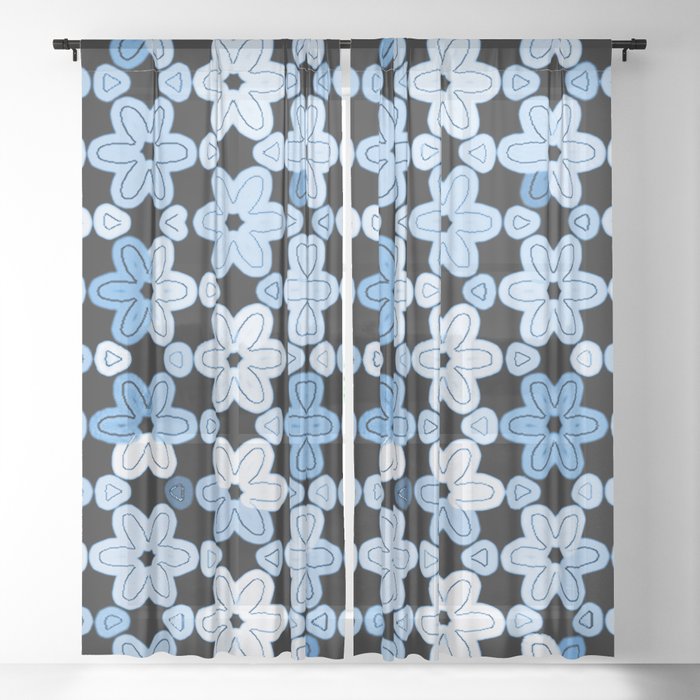 Multicolor Modern Blue and White Daisies on Black Sheer Curtain