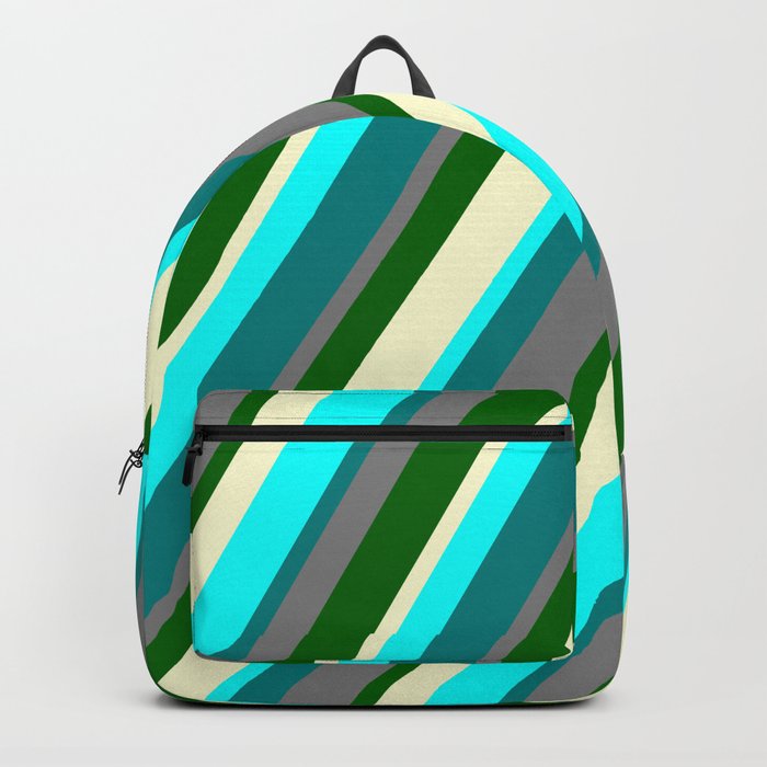 Vibrant Gray, Dark Green, Light Yellow, Aqua, and Teal Colored Lines Pattern Backpack