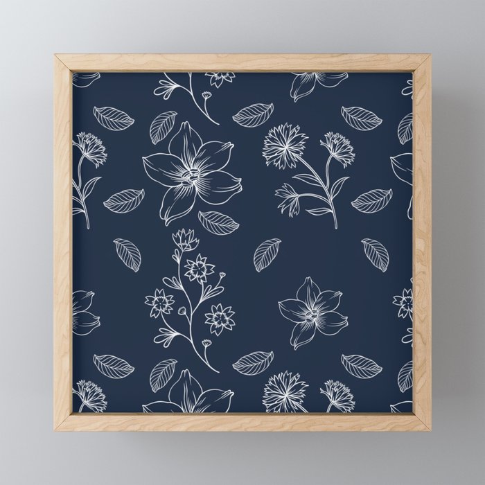 Minimalistic Flower Pattern Dark Blue Framed Mini Art Print