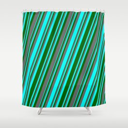 [ Thumbnail: Aqua, Dark Green & Dim Grey Colored Lines/Stripes Pattern Shower Curtain ]