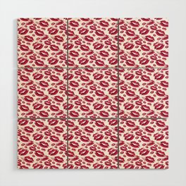Two Kisses Collided Red Lips Pattern On White Background Wood Wall Art
