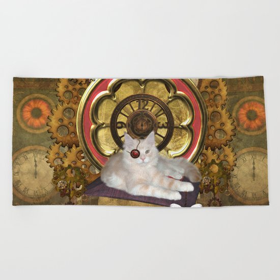 Steampunk, cute cat Beach Towel