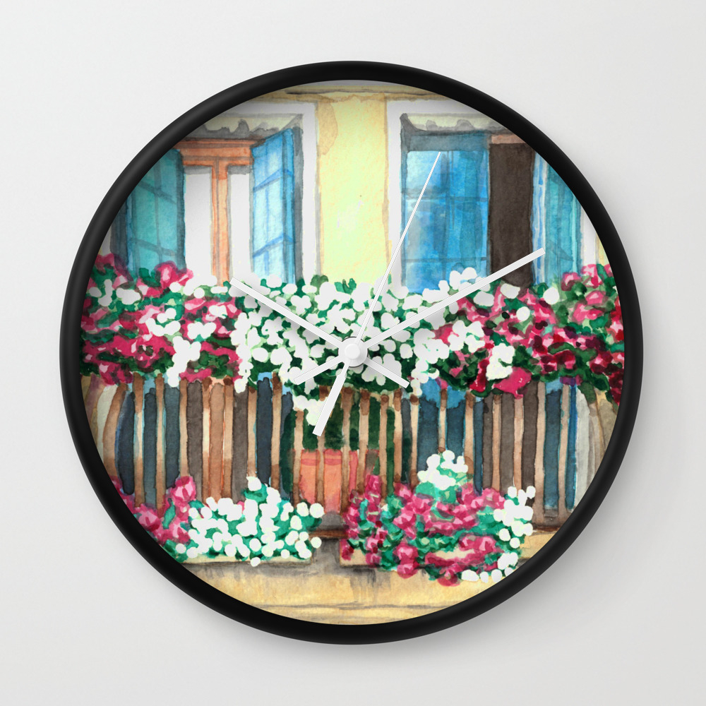 An Italian Terrace Watercolor Painting Wall Clock By Darinadrawing