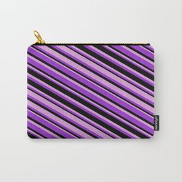 [ Thumbnail: Dark Orchid, Black, and Plum Colored Stripes Pattern Carry-All Pouch ]