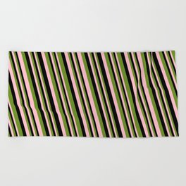 [ Thumbnail: Green, Pink, and Black Colored Striped Pattern Beach Towel ]