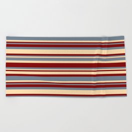 [ Thumbnail: Slate Gray, Tan, and Maroon Colored Striped/Lined Pattern Beach Towel ]