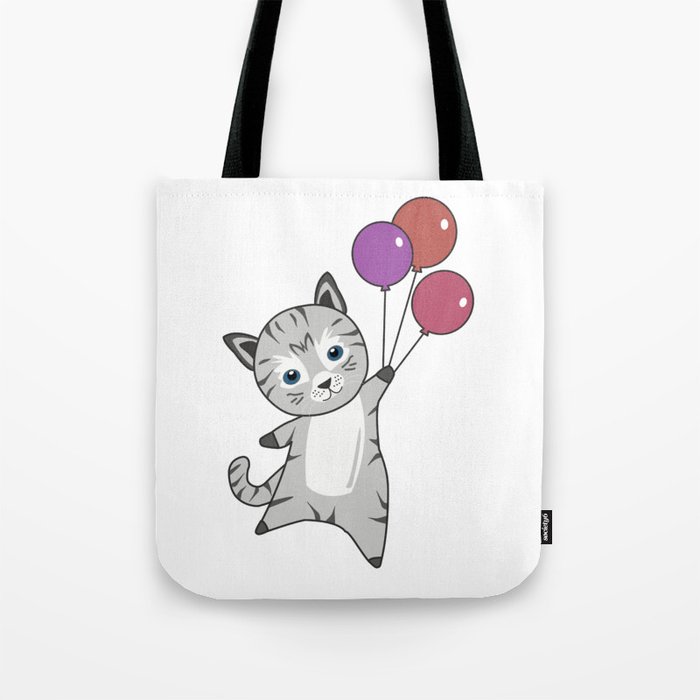 Cat Flies Up With Colorful Balloons Tote Bag