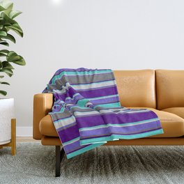 [ Thumbnail: Eye-catching Indigo, Turquoise, Light Gray, Slate Blue, and Dim Grey Colored Striped Pattern Throw Blanket ]