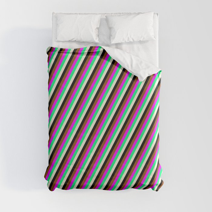 Vibrant Green, Beige, Black, Brown, and Fuchsia Colored Stripes Pattern Duvet Cover