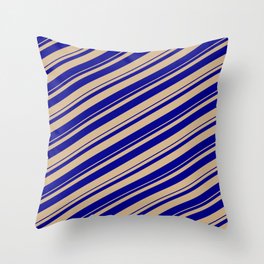 [ Thumbnail: Tan & Dark Blue Colored Stripes/Lines Pattern Throw Pillow ]